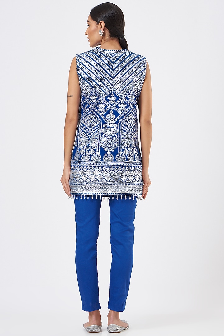 Blue Pure Silk Pencil Pant Set by Sonali Gupta at Pernia's Pop Up Shop