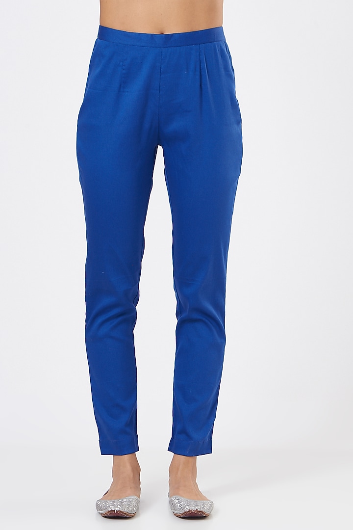 Blue Pure Silk Pencil Pant Set by Sonali Gupta at Pernia's Pop Up Shop