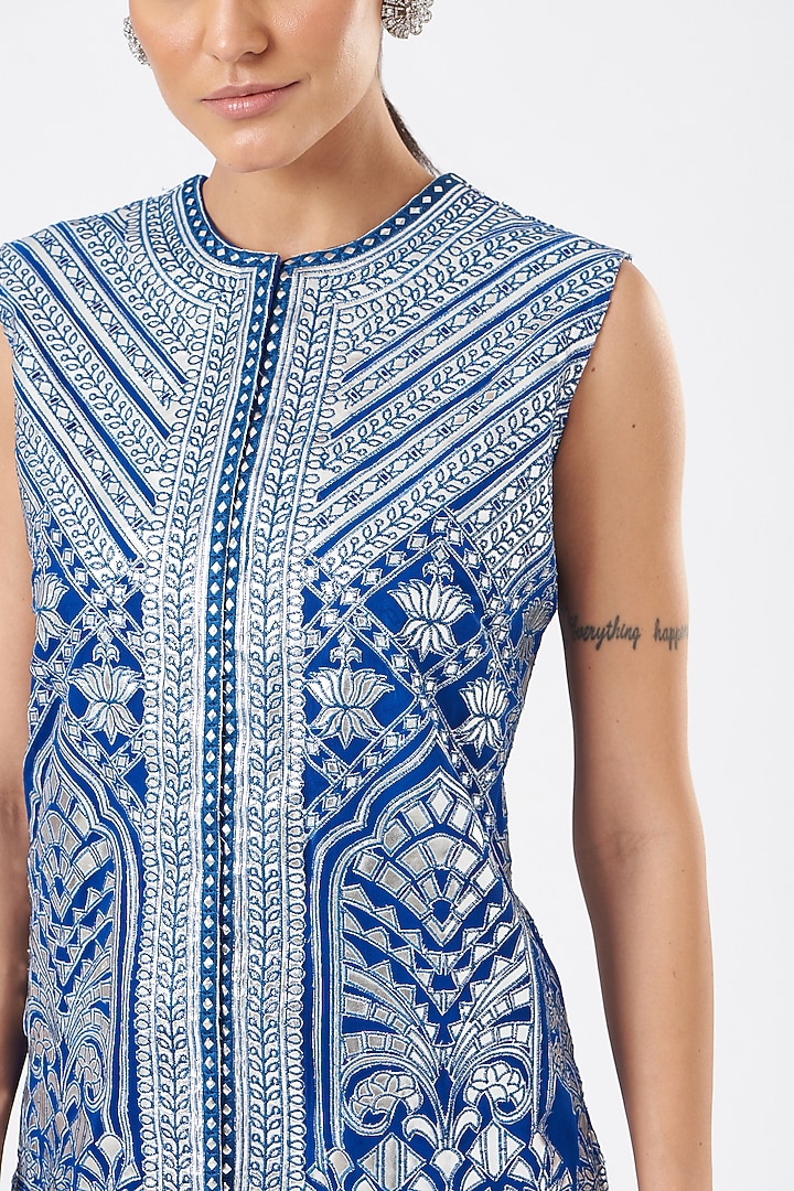 Blue Pure Silk Pencil Pant Set by Sonali Gupta at Pernia's Pop Up Shop