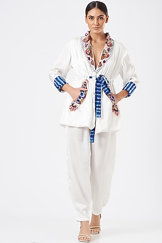 White Polyester Silk Pant Set  by Sonali Gupta