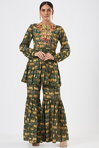 Mehendi Green Printed Sharara Set by Sonali Gupta
