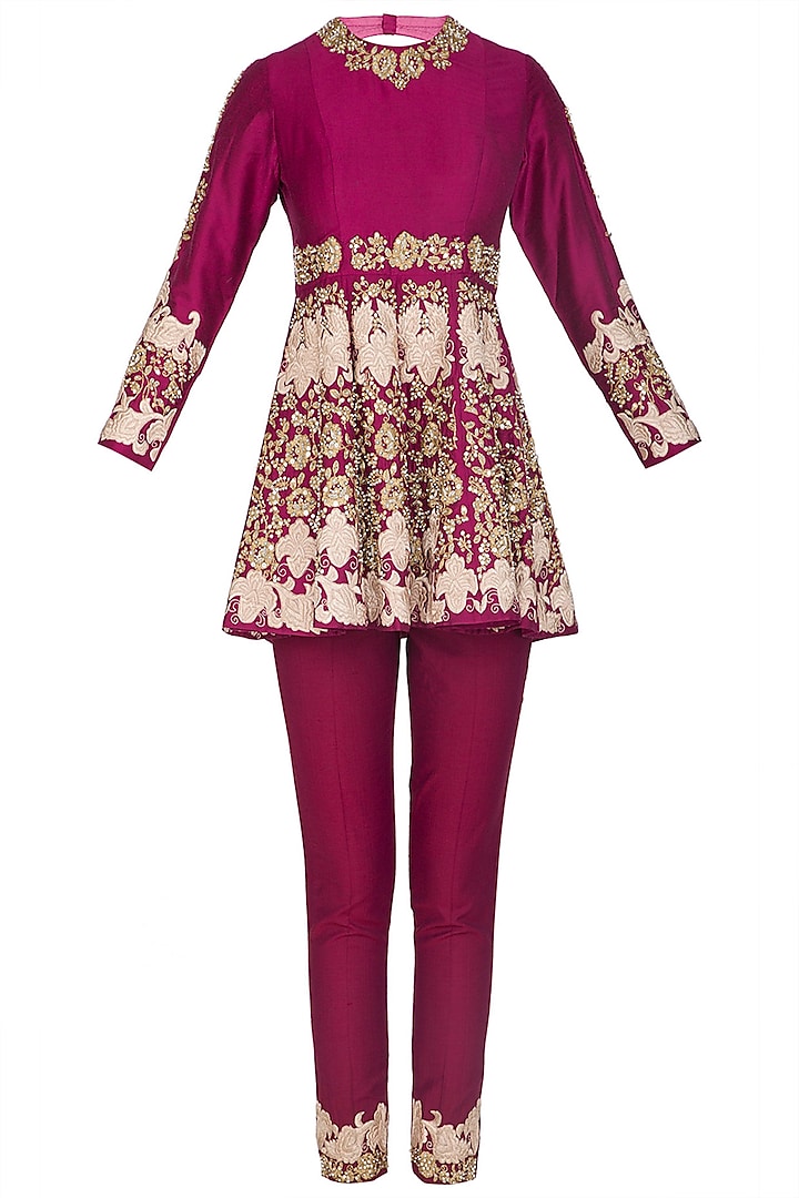 Maroon Embroidered Peplum Top With Pants by Sonali Gupta