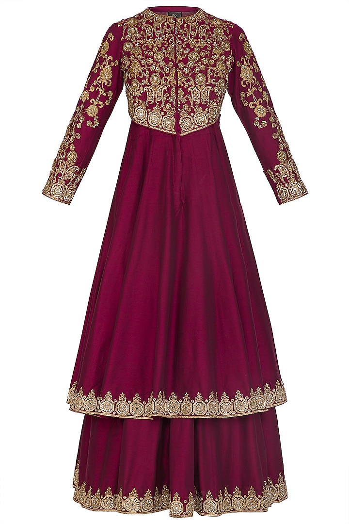 Maroon Embroidered Anarkali With Skirt by Sonali Gupta