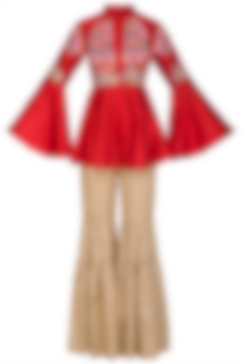 Red Embroidered Peplum Top With Party Wear Sharara Pants by Sonali Gupta at Pernia's Pop Up Shop