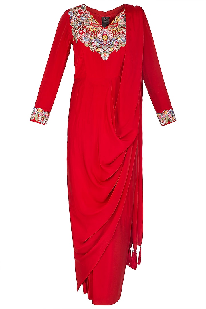 Red Embroidered Pre-Stitched Saree by Sonali Gupta