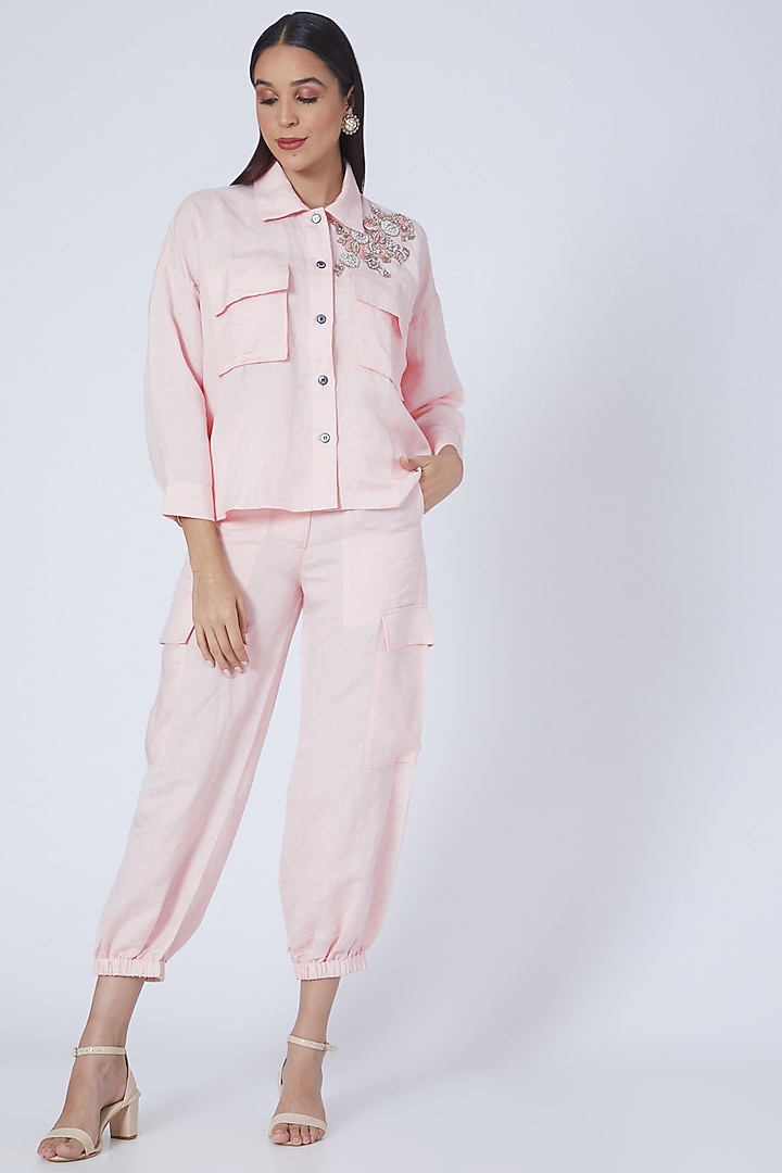 Pink Linen Track Pant Set by Sonali Gupta at Pernia's Pop Up Shop