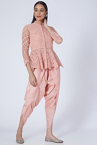 Blush Pink Embroidered Dhoti Set by Sonali Gupta