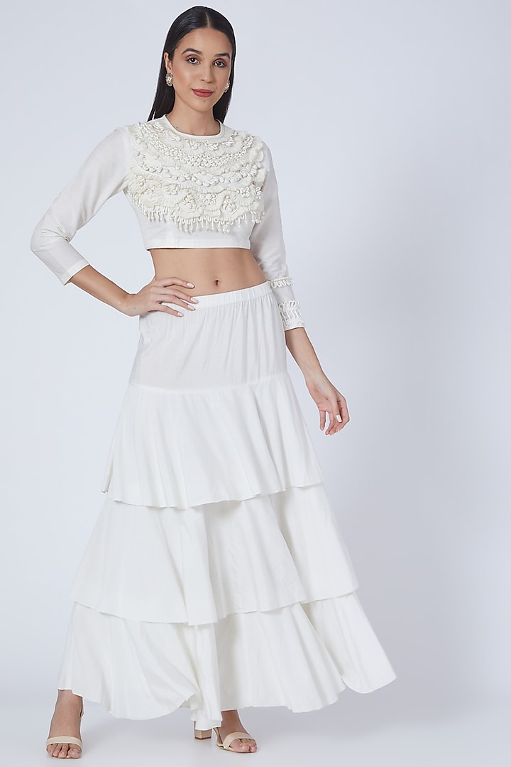 Ecru Layered Skirt Set by Sonali Gupta
