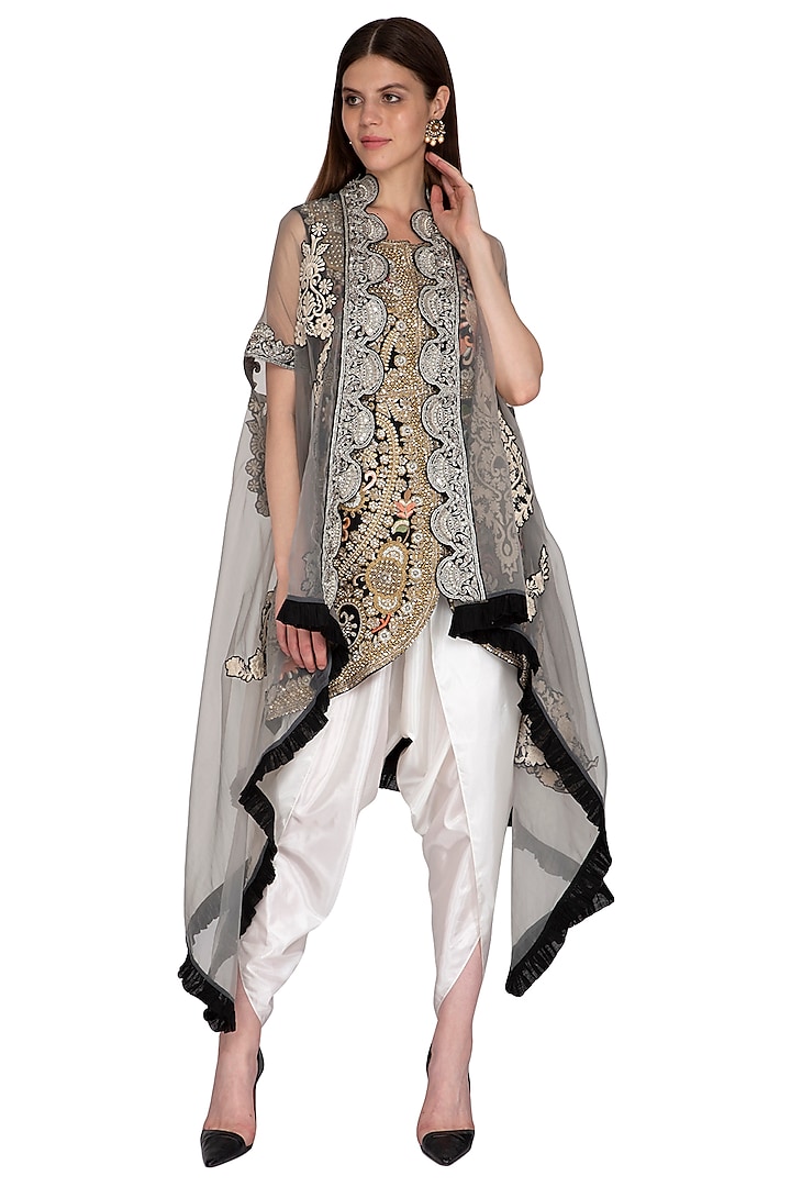 Black Embroidered Jacket With Cape & Dhoti Pants by Sonali Gupta