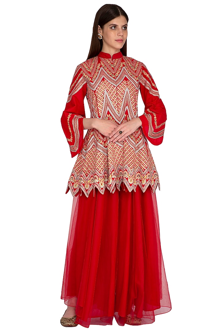 Red Embroidered Top With Sharara Pants by Sonali Gupta