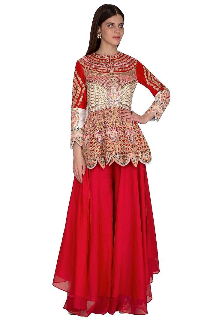 Red Embroidered Peplum Top With Sharara Pants by Sonali Gupta