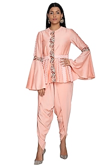 Peach Embroidered Peplum Top With Dhoti Pants Design by Sonali Gupta at ...