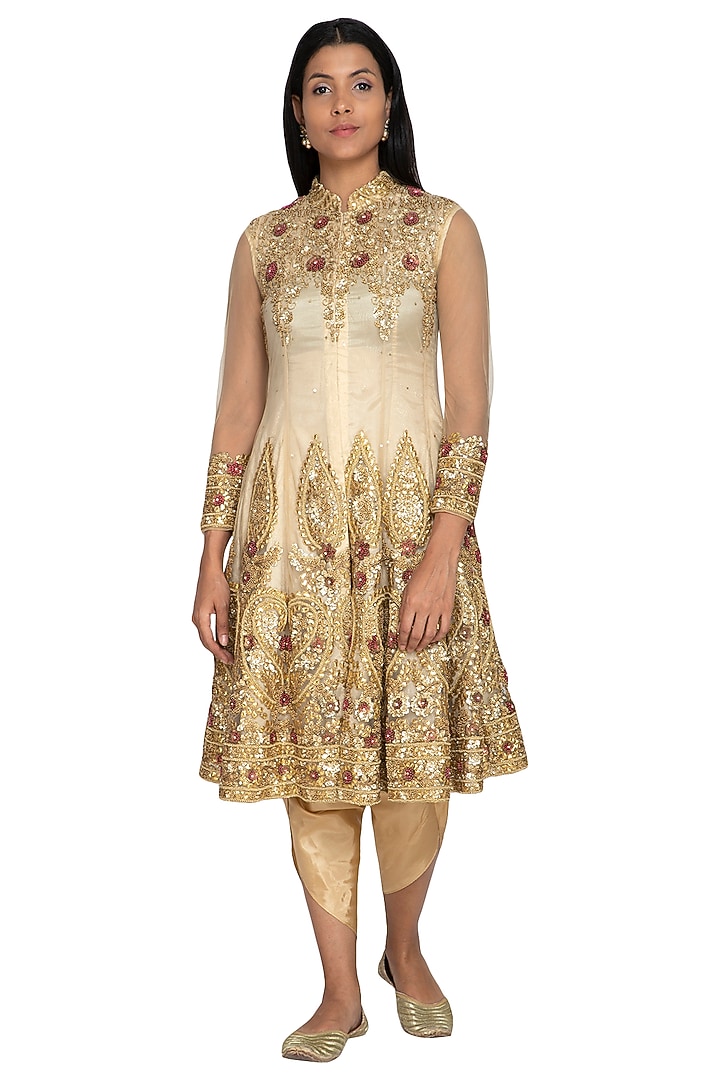 Cream Embroidered Wedding Anarkali With Dhoti Pants by Sonali Gupta at Pernia's Pop Up Shop
