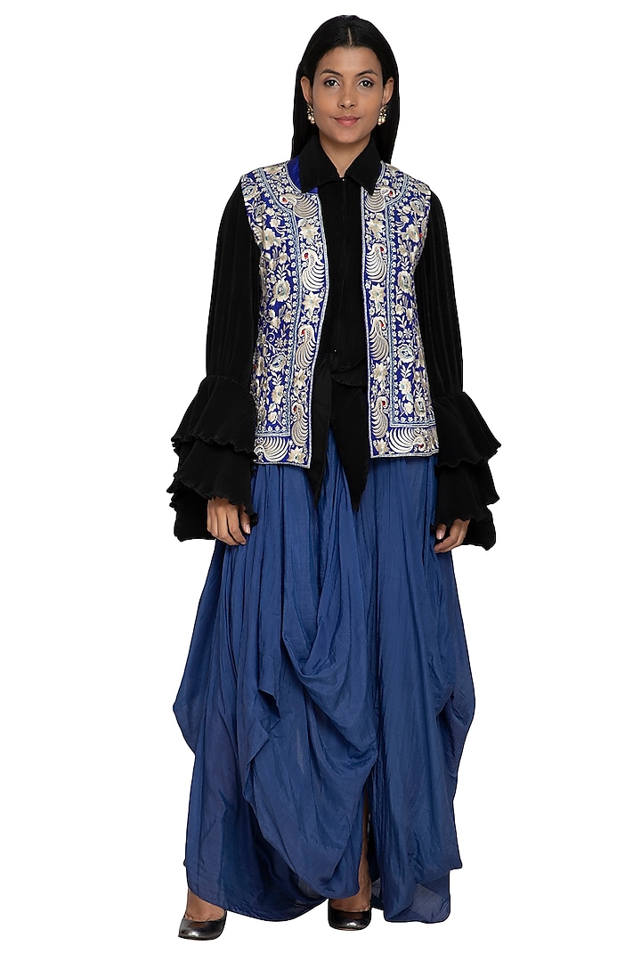 Midnight Blue & Black Embroidered Shirt With Dhoti Pants by Sonali Gupta