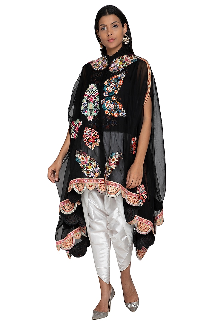 Black Embroidered Cape Jacket With Dhoti Pants by Sonali Gupta