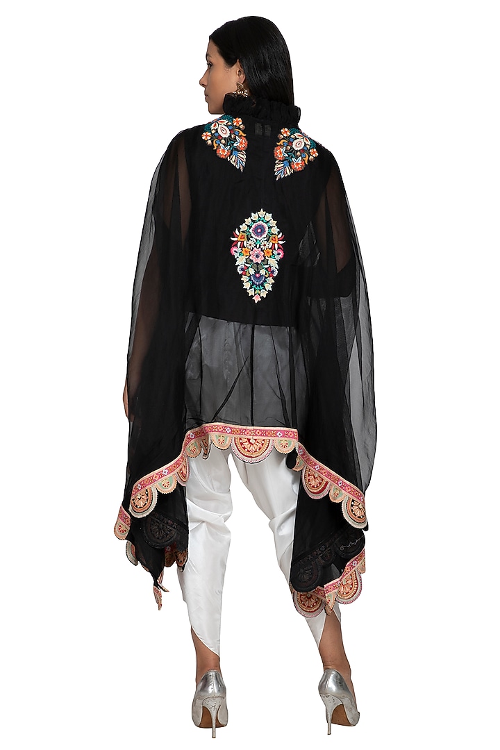Black Embroidered Cape Jacket With Dhoti Pants by Sonali Gupta at Pernia's Pop Up Shop