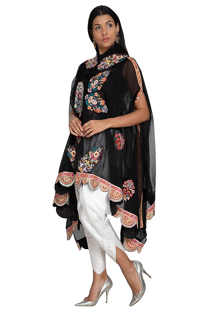 Black Embroidered Cape Jacket With Dhoti Pants by Sonali Gupta at Pernia's Pop Up Shop