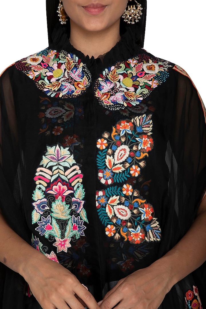Black Embroidered Cape Jacket With Dhoti Pants by Sonali Gupta at Pernia's Pop Up Shop