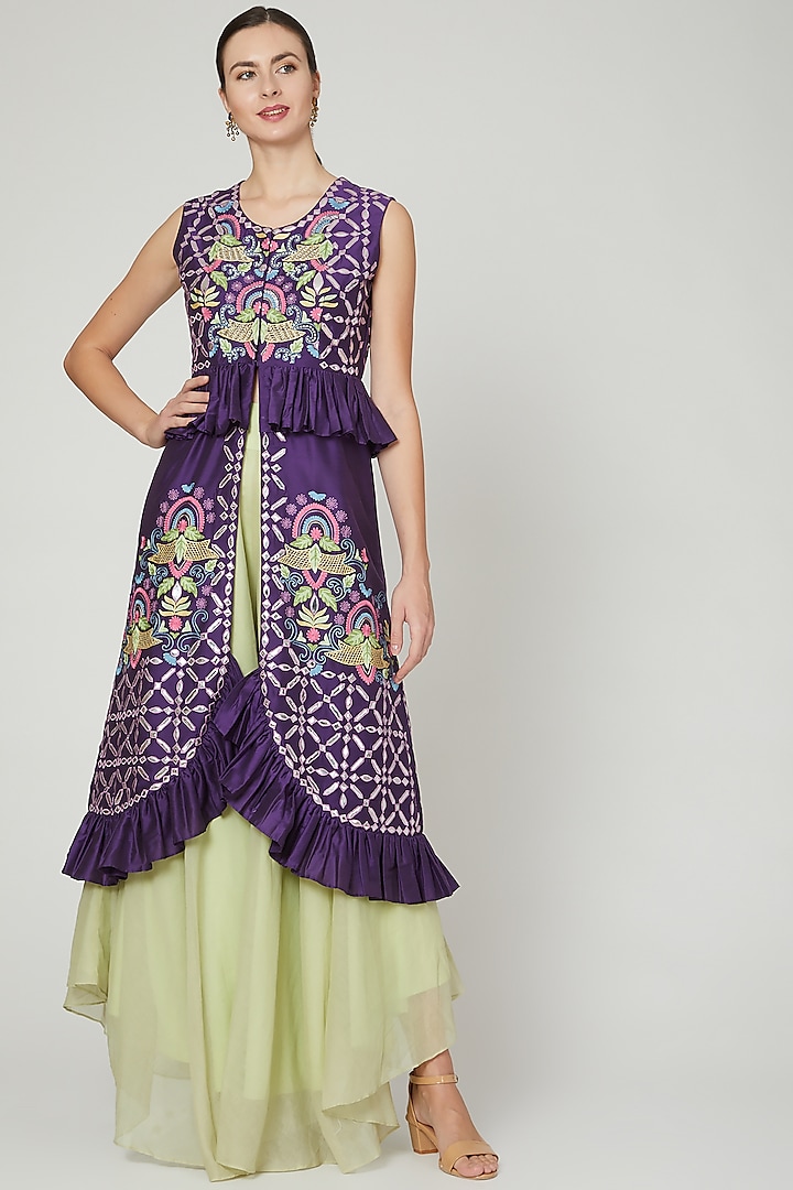 Purple & Mint Embroidered Sharara Set by Sonali Gupta