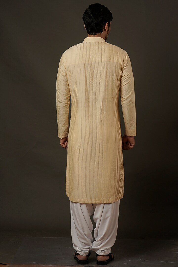 Light Lemon Yellow Silk Printed Pleated Kurta Set by Soniya G Men at Pernia's Pop Up Shop
