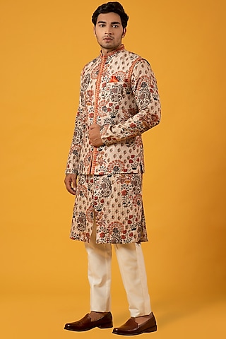 Beige Printed Bundi Jacket Set by Soniya G Men