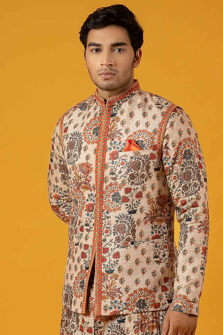 Beige Printed Bundi Jacket Set by Soniya G Men at Pernia's Pop Up Shop