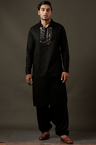 Black Cotton Blend Pathani Kurta Set With Mirror Work by Soniya G Men