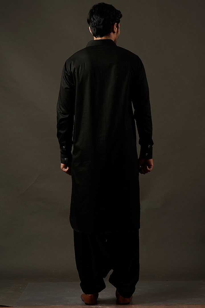 Black Cotton Blend Pathani Kurta Set With Mirror Work by Soniya G Men at Pernia's Pop Up Shop