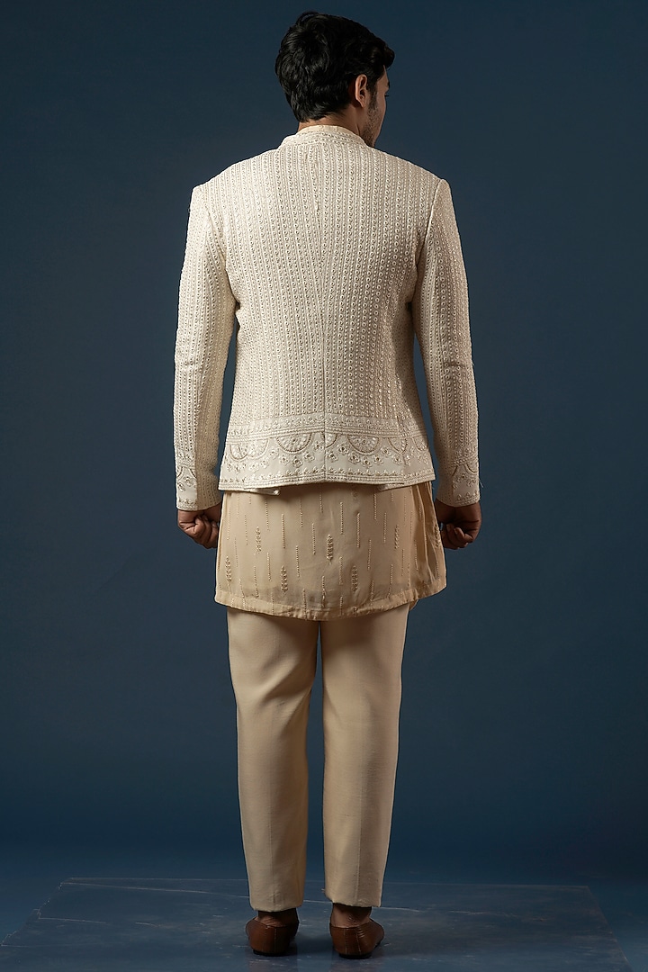 Cream Georgette Kurta Set With Off-White Jacket by Soniya G Men at Pernia's Pop Up Shop