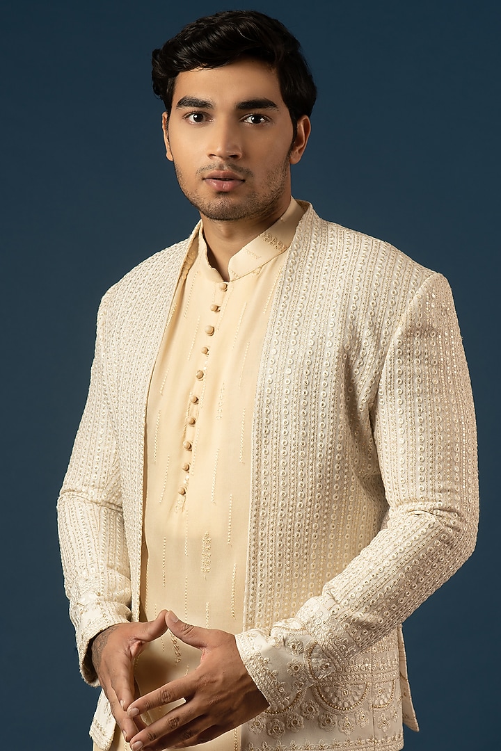 Cream Georgette Kurta Set With Off-White Jacket by Soniya G Men at Pernia's Pop Up Shop