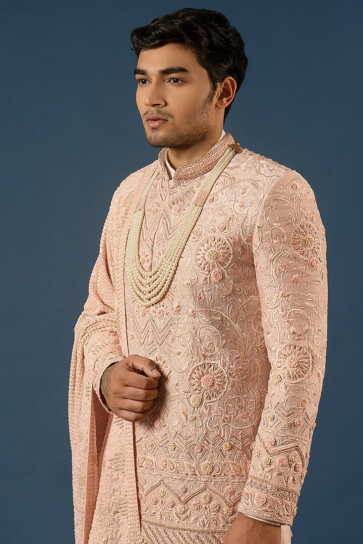Pale Pink Hand Embroidered Groom Sherwani Set by Soniya G Men at Pernia's Pop Up Shop