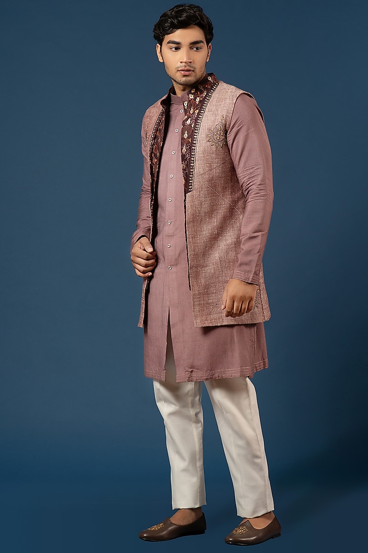 Dusty Lavender Cotton Kurta Set With Jacket by Soniya G Men