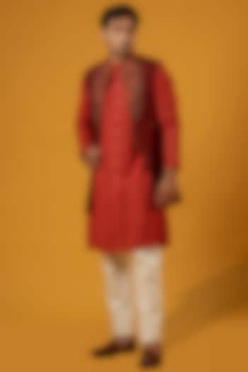 Saffron Cotton Jacket Kurta Set With Jacket by Soniya G Men at Pernia's Pop Up Shop