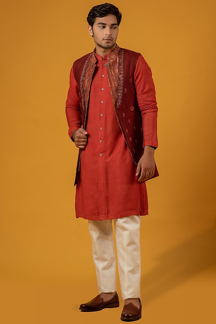 Saffron Cotton Jacket Kurta Set With Jacket by Soniya G Men