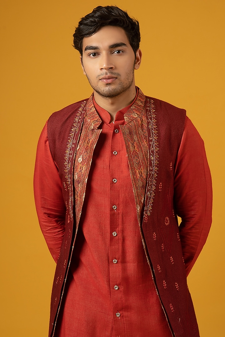 Saffron Cotton Jacket Kurta Set With Jacket by Soniya G Men at Pernia's Pop Up Shop