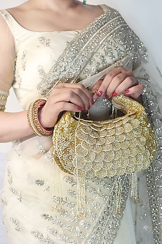 Gold Silk Beads Embellished Handbag by Soho Boho Studio