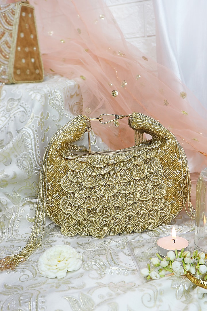 Gold Silk Beads Embellished Handbag by Soho Boho Studio at Pernia's Pop Up Shop