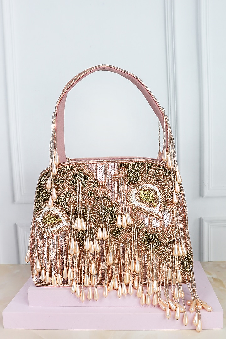 Pink Suede Velvet Bead & Pearl Tassel Embellished Handbag by Soho Boho Studio at Pernia's Pop Up Shop