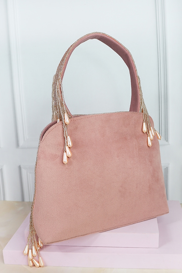 Pink Suede Velvet Bead & Pearl Tassel Embellished Handbag by Soho Boho Studio at Pernia's Pop Up Shop