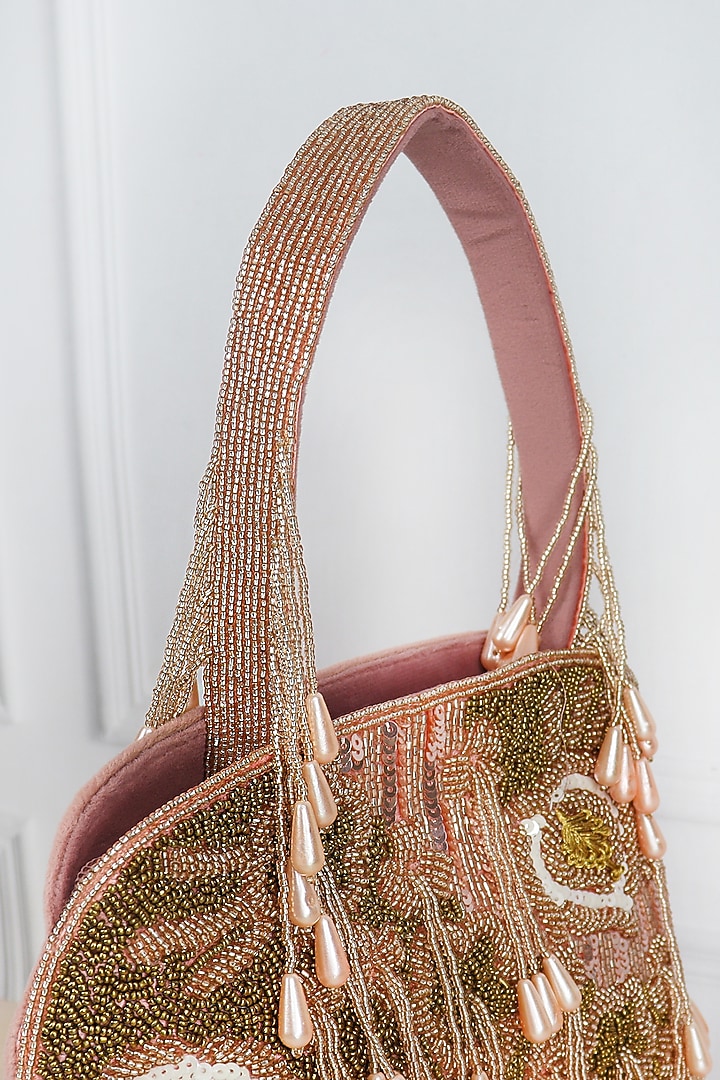 Pink Suede Velvet Bead & Pearl Tassel Embellished Handbag by Soho Boho Studio at Pernia's Pop Up Shop