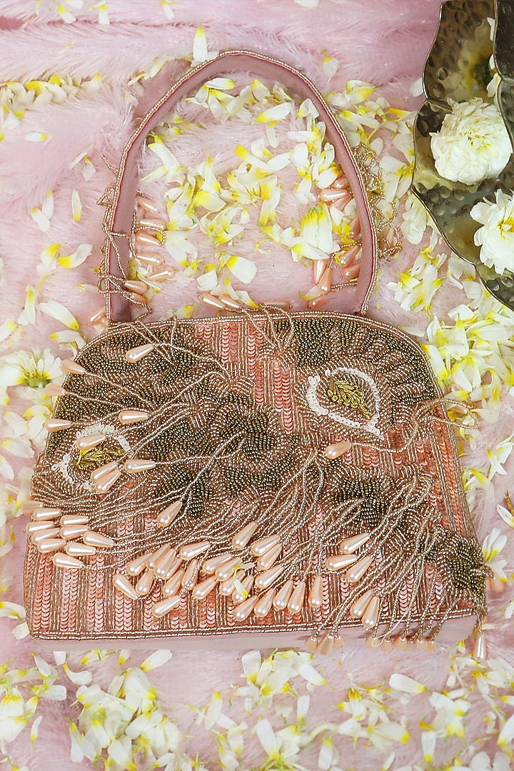 Pink Suede Velvet Bead & Pearl Tassel Embellished Handbag by Soho Boho Studio at Pernia's Pop Up Shop