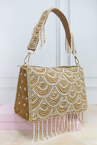 Brown Suede Velvet Glass Beads Embellished Handbag by Soho Boho Studio