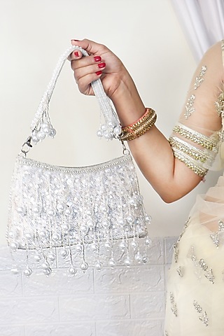 White Silk Pearl Tassel Embellished Handbag by Soho Boho Studio