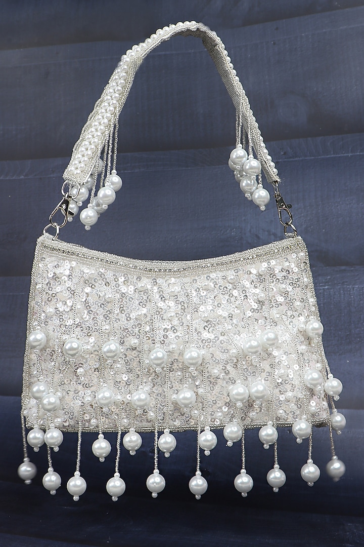 White Silk Pearl Tassel Embellished Handbag by Soho Boho Studio at Pernia's Pop Up Shop