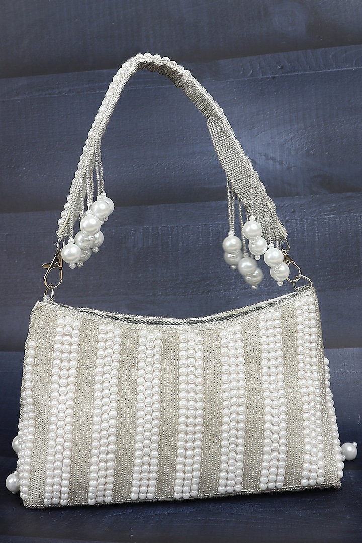 White Silk Pearl Tassel Embellished Handbag by Soho Boho Studio at Pernia's Pop Up Shop