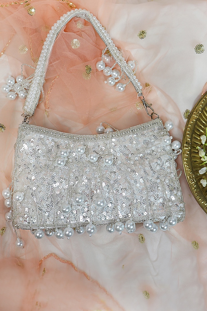 White Silk Pearl Tassel Embellished Handbag by Soho Boho Studio at Pernia's Pop Up Shop