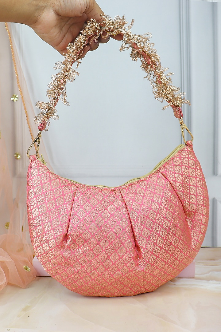 Pink Banarasi Silk Crescent Moon Bag by Soho Boho Studio at Pernia's Pop Up Shop