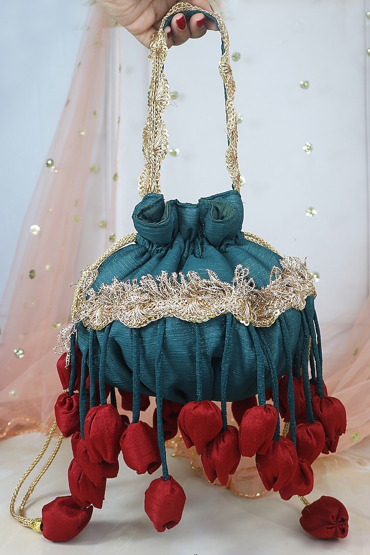 Emerald Green Georgette Tulip Potli by Soho Boho Studio at Pernia's Pop Up Shop