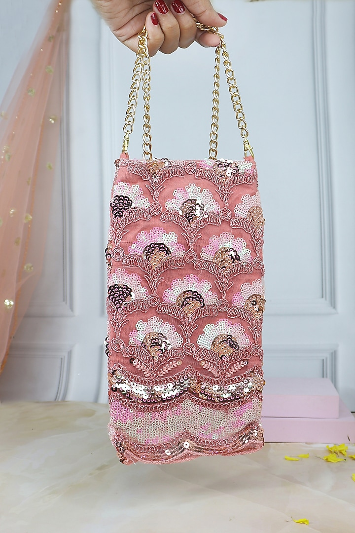 Pink Georgette & Silk Sequins Work Phone Pouch by Soho Boho Studio at Pernia's Pop Up Shop