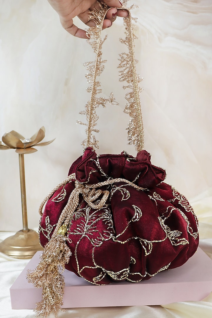Maroon Silk Zari Work Potli by Soho Boho Studio at Pernia's Pop Up Shop